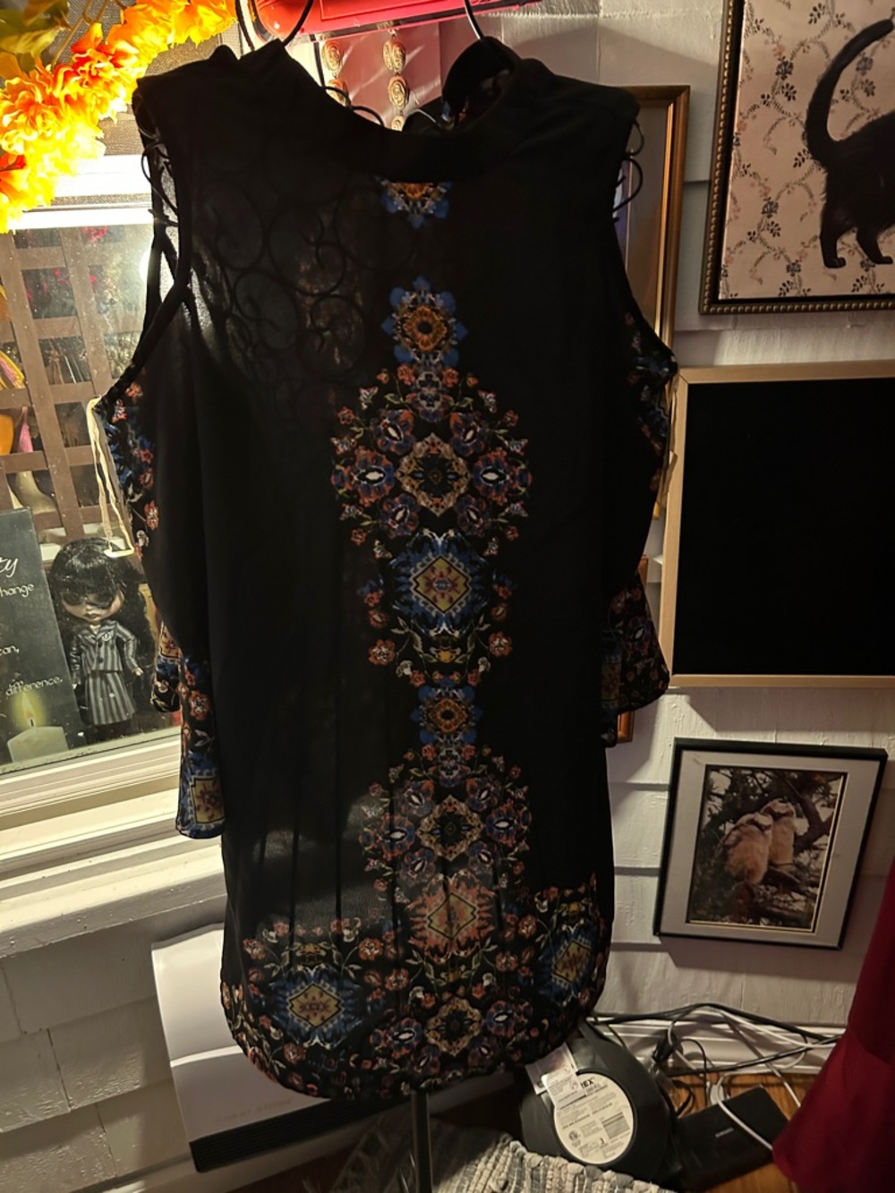 meraki Black Midi Dress with Blue and Gold Floral Print